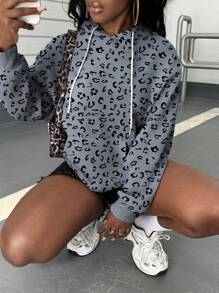 INAWLY Damen Leoparden-Muster Pullover Hoodie mit Tasche, Lässig & Einfach für den Herbst - Graublau - Übersicht 6