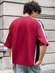 SWAVVY 男士针织休闲日常宽松拼布短袖T恤，时尚年轻，夏季 - 紅色 - 查看 2