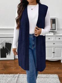 SHEIN Clasi Chaleco de punto sin mangas clásico y elegante de talla grande en gris con bolsillos, para invierno