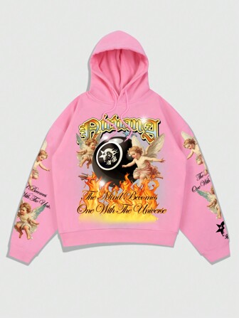 Street Life Sudadera holgada con estampado de retrato de hombre, con gráficos de XOXO / Besos / Cupido / Ángel