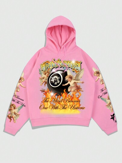 Street Life Herren Loose Fit Hoodie mit Portrait Muster, mit XOXO/Küsse/Amor/Engel Grafik