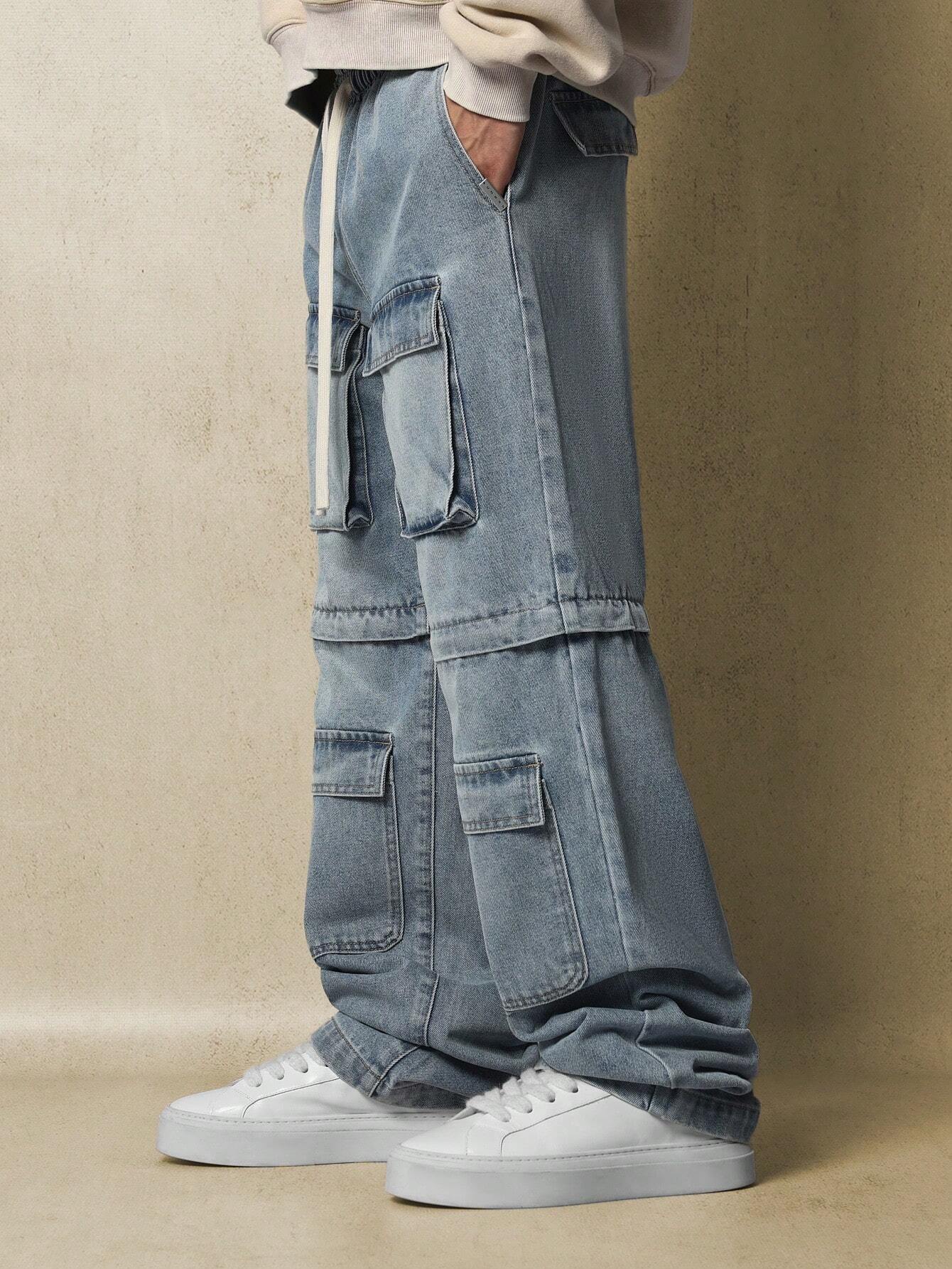 Jean cargo hybride multi-poches, coupe patineuse, lavé avec effet délavé