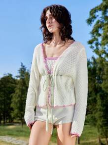 Skyraze Women Colorblock Long Sleeve White Cardigan