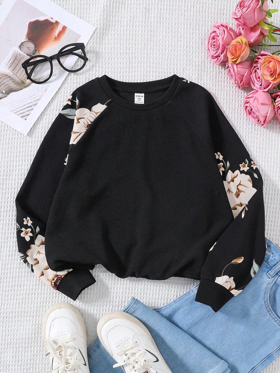 SHEIN Tween Girl 花卉印花圆领拼布长袖休闲运动衫 - 黑色 - 查看 1