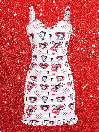 Betty Boop x SHEIN 冬季，白色睡袍，心形和唇印装饰，复古，高弹力面料，心形图案，圣诞节，新年，性感，可爱，休闲