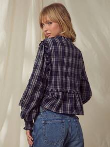 WESTFADE Spring Plaid Velvet Bow Front Babydoll Ruffle Long Sleeve Peplum Top Vacation - Multicolor - View 4