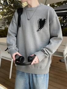 Claim Dot 男士圆领长袖心形图案休闲针织毛衣 - 灰色 - 查看 4