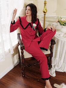 French Elegant Color Block Ruffle Trim Women's Pajama Set - Burgundy - View 4