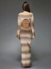 MISSGUIDED Váy Maxi Dệt Kim Tay Chuông Thu Đông Áo Len Hở Lưng Thiết Kế Dự Tiệc Ngày Lễ Cưới Khách Váy Dài Thanh Lịch - Cà phê nâu - Xem 2