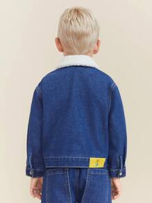 SHEIN 小男孩蓬松领单排扣长袖牛仔夹克，秋冬 - 藍色 - 查看 2