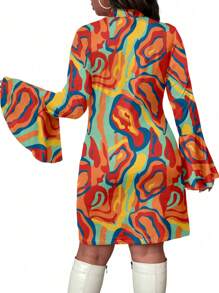 Maweii 大码女式花卉印花喇叭袖休闲针织连衣裙，秋季 - 橘色 - 查看 2