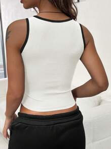 INAWLY Women Summer Contrast Trim Crew Neck Casual Sleeveless Tank Top - White - View 2