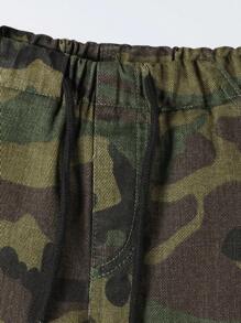 SHEIN 年轻男孩复古休闲街头时尚多口袋宽松舒适松紧腰带抽绳卷边牛仔工装裤