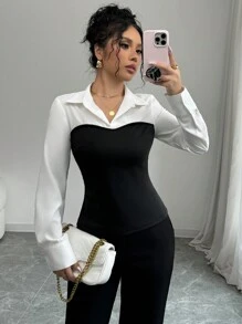 Selianne 1 件女式黑白长袖纽扣休闲商务性感衬衫，秋季 - 黑與白 - 查看 3