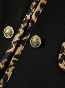 Ellevyn 1pc Women Leopard Print Contrast Color Trim Double-Breasted Long Sleeve Jacket In Fall/Winter - Black - View 9