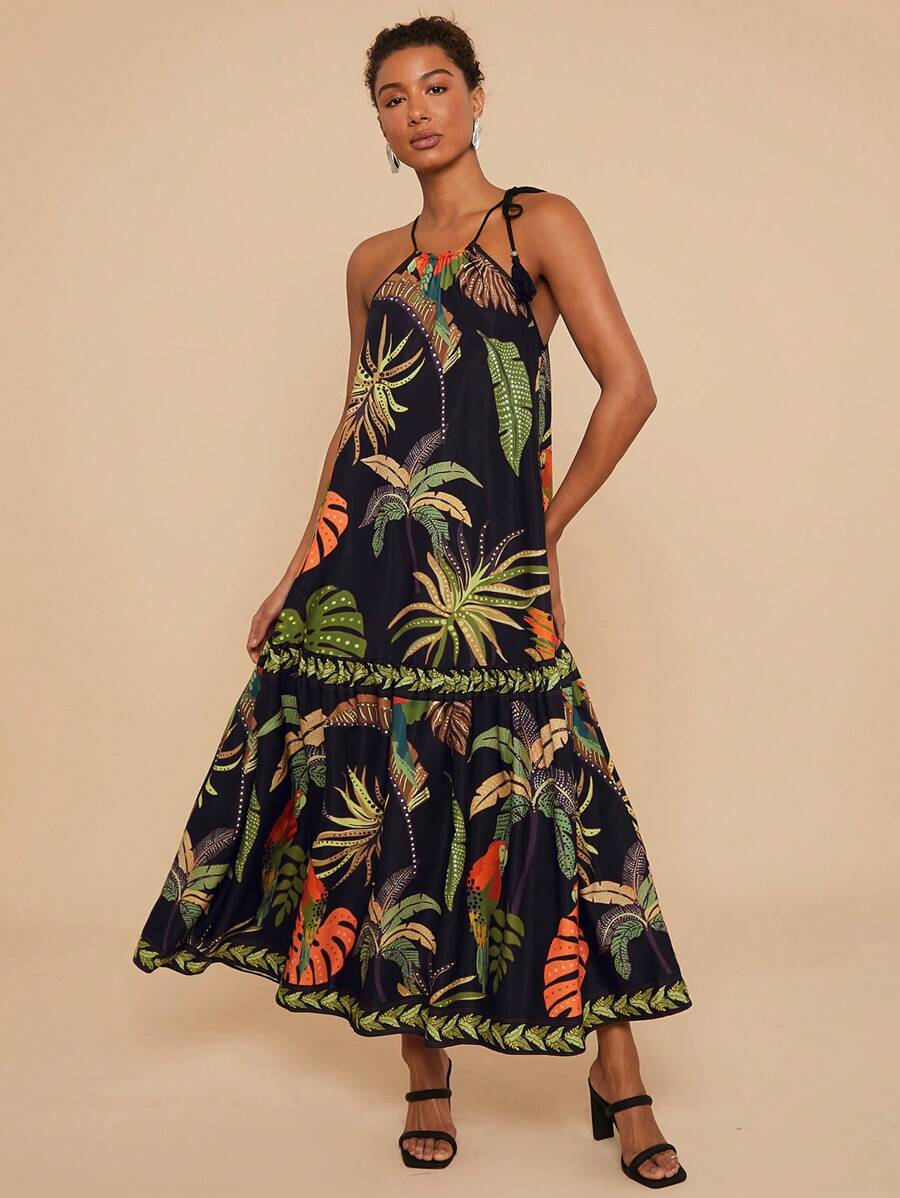 Travachic Casual Woven Print Off Shoulder Loose Long Dress For Women - Black - View 1