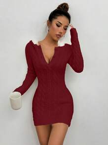SHEIN Unity Robe longue à capuche sexy et à la mode avec patchwork et manches longues pour les tenues de Nouvel An - Rouge - Voir 6