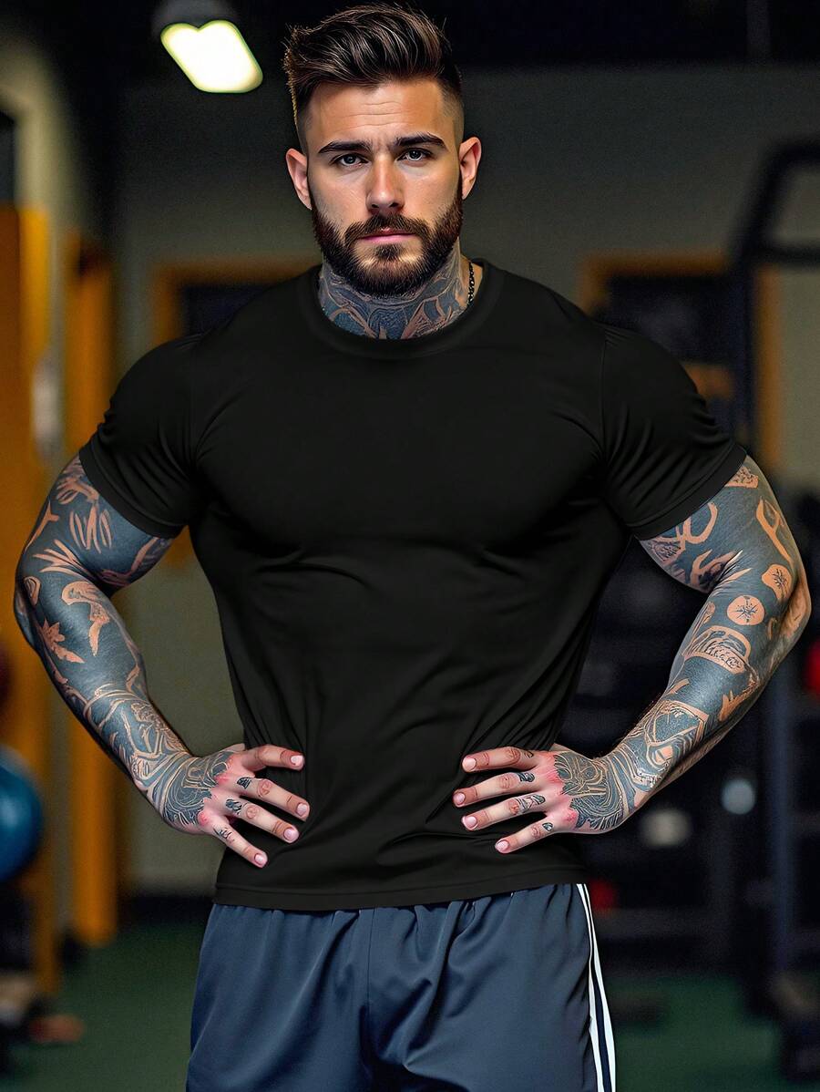 Manfinity Sport Corelite Áo thun thể thao tay ngắn cổ tròn thoáng khí màu trơn mùa hè phong cách bạn trai dành cho nam - màu đen - Xem 1