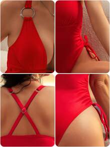 Swim DD+ 1pc Women Vacation Beach Drawstring Side One-Piece Swimsuit Summer - Red - View 11