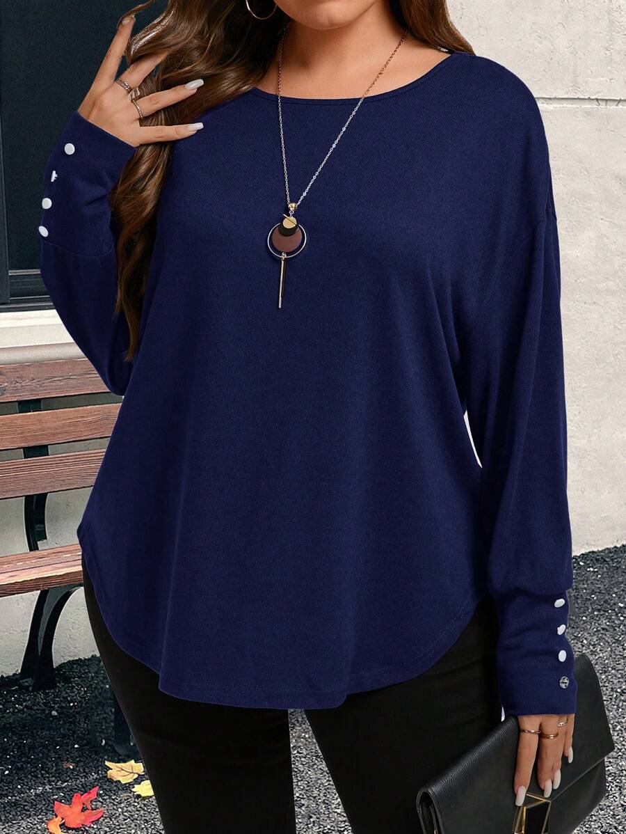 EMERY ROSE Plus Size Women's Casual Simple Fashion Purple T-Shirt, Suitable For Daily Wear In Autumn Fall - Navy Blue - View 1