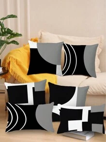 4pcs Black White Geometric Print Polyester Pillow Cover Cushion Cover Room Decoration Bedroom Decoration Sofa Decoration Pillow Core-Not Included,Fall Decor,Autumn Decor,Room Decor - Black and White - View 3
