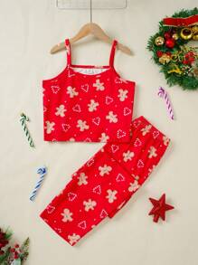 2pcs Teens Girls Christmas Gingerbread Graphic Flame Resistant Milk Silk Camisole And Casual Pants Pajama Set - Red - View 1