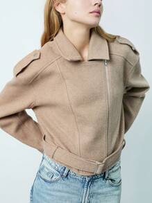TRNVIE 女士休闲不对称设计收腰翻领夹克，杏色，秋冬款，1件 - 卡其色 - 查看 6