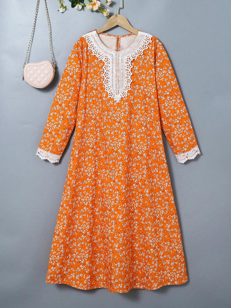 SHEIN 青少年女孩圆领长袖纯色拼接休闲连衣裙 - 彩色 - 查看 1