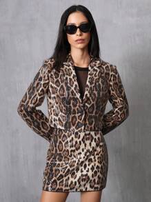 EMERY ROSE 性感豹纹亮片刺绣短款西装外套搭配豹纹迷你裙，闪亮夜店派对风格女士套装，两件套节日派对服装 - 巧克力棕 - 查看 4