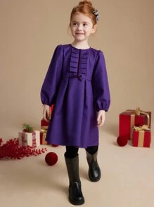 PrepCrw Young Girls' Autumn/Winter Academia Style Navy Blue Bowknot Woven Cinched Waist A-Line Ruffle Hem Round Neck Dress