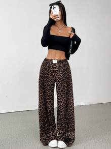SHEIN EZwear Women's Loose Letter & Leopard Print Wide Leg Casual Pants Graduation,Back To School Outfits,Graduation,Teacher Outfits For Women,Back To School - Dusty Pink - View 4