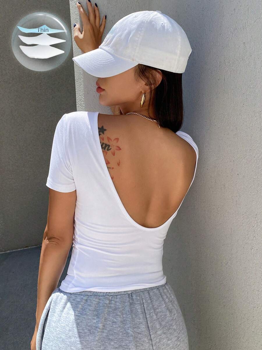 DAZY Fashionable Short-Sleeved Slim-Fit Women's T-Shirt With Backless Design Summer,Halter Top - White - View 1