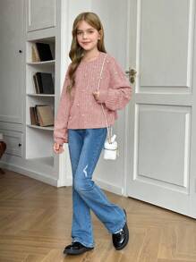 SHEIN 青少年女孩针织毛绒罗纹铆钉圆领宽松休闲长袖保暖 T 恤 - 粉色 - 查看 7