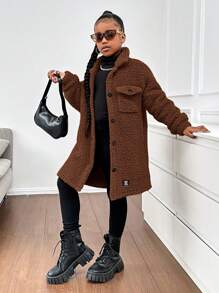 SHEIN 秋冬季 Tween Girl 保暖毛绒领口袋前纽扣中长外套 - 棕色 - 查看 4