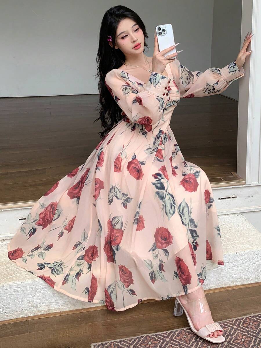 DAZY 方领满花印花灯笼袖女士中长连衣裙，秋装长袖连衣裙