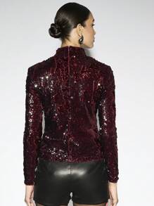 AiiRZ Áo kiểu cổ cao tay dài đính sequin sang trọng, thích hợp cho tiệc tối, lễ hội, Giáng sinh, Năm mới, đi club, lấp lánh, lấp lánh như quả cầu disco, chất liệu nhung, thời trang mùa đông. - Đỏ - Xem 2