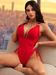 Swim DD+ 1pc Women Vacation Beach Drawstring Side One-Piece Swimsuit Summer - Red - View 6