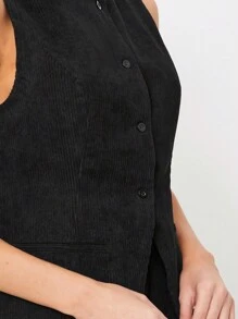 SHEIN EZwear Rompi Blazer Tanpa Lengan Korduroi Polos Sederhana untuk Wanita, Hitam - Hitam - View 7