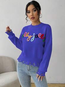 SHEIN Unity Sweater Rajut Kasual Wanita Lengan Panjang Kerah Bulat dengan Detail Motif Huruf untuk Musim Gugur dan Musim Dingin - Royal Blue - View 7