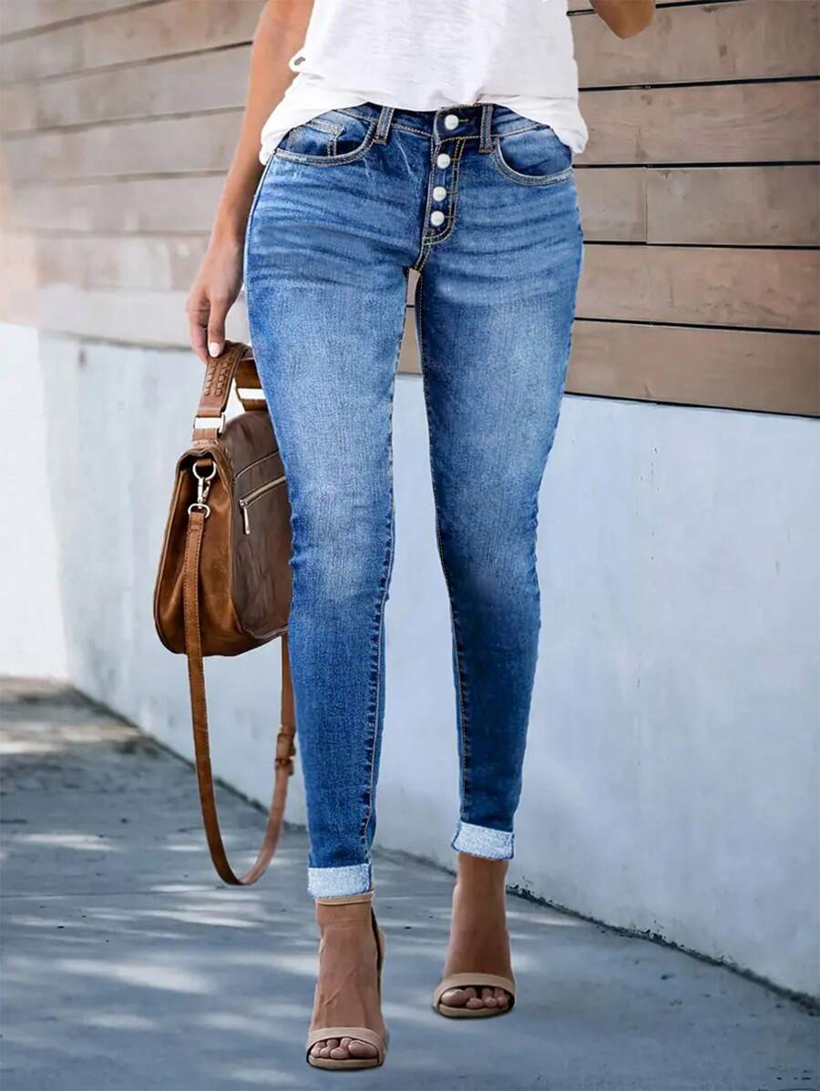 Women's Button Belted Pocket Elastic Waist Slim Fit Stretch Jeans, Fashion Casual Street Style - Light Wash - View 1