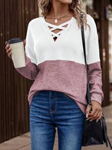 EMERY ROSE Two Tone Crisscross Drop Shoulder Sweatshirt,Long Sleeve Tops - Pink - View 4