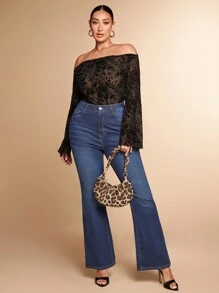 SHEIN BAE Bodyduit de encaje con estampado floral, de un solo hombro, acampanado y de efecto "transparente" para mujer talla grande, ideal para citas románticas, uso interior, elegante y sexy, perfecto para festivales