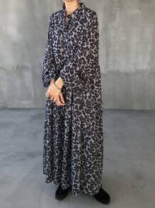 FRIFUL 女式前扣长袖休闲豹纹长裙 - 深灰色 - 查看 4