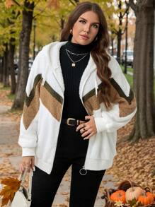 SHEIN LUNE Áo khoác nữ cỡ lớn có mũ kéo khóa phối màu tương phản, phong cách thường ngày, giữ ấm mùa thu/đông và dịp Tết Dương lịch. - Nhiều màu - Xem 6
