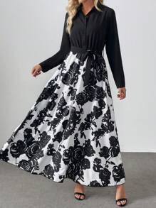 SHEIN Clasi 法式优雅女士优雅日常衬衫领腰部拼接黑白玫瑰印花大 A 字泡泡袖长袖连衣裙，秋冬长款女装 - 黑色 - 查看 6