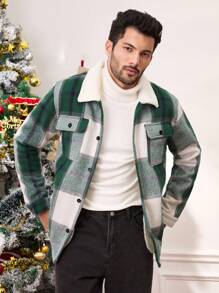Manfinity Homme Veste d'homme à carreaux verts et moelleuse, vêtement d'extérieur décontracté chaud pour l'automne/l'hiver. Veste chaude, vacances, manches longues légères à carreaux colorés. Idéal pour les cadeaux aux amis, au mari, au petit ami, pour Noël - Vert - Voir 5
