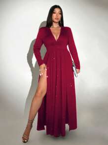 Viva Relle Vestido largo informal con escote en V, manga larga y abertura lateral para tallas grandes