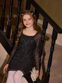 Elegancka sukienka dla dziewcząt z cekinami i kwadratowym dekoltem, dopasowana, idealna na imprezy i wydarzenia wiosną i jesienią, czarna sukienka, sukienka świąteczna, sukienka imprezowa