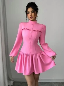 Elenzga Đầm thiết kế nút cổ đứng tay đèn lồng màu trơn cho nữ, mùa thu - Hồng - Xem 7