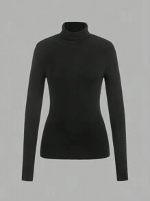 SHEIN EZwear Multicolor Knitted Women Solid High Neck Long Sleeve Tight Fitting T-Shirt Set, Autumn